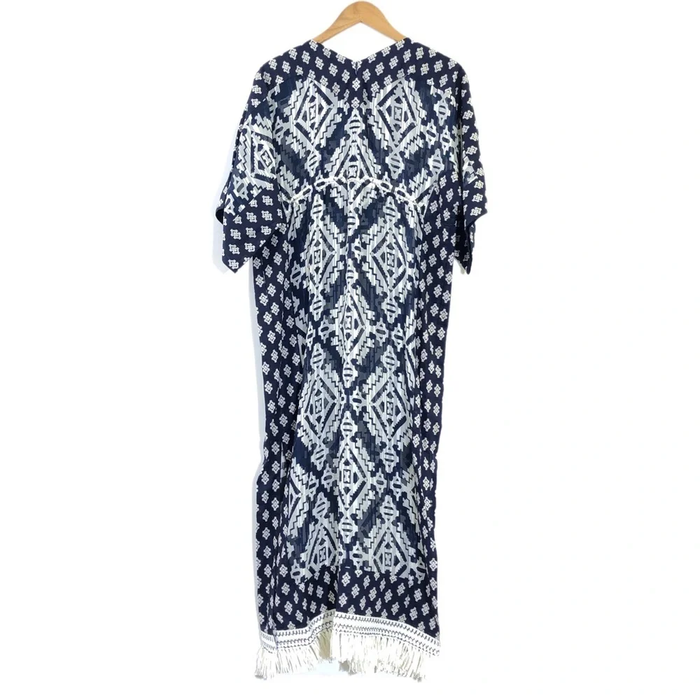 TORY BURCH Beatrice Blue White Geometric Fringe Caftan Beach Cover Up Dress